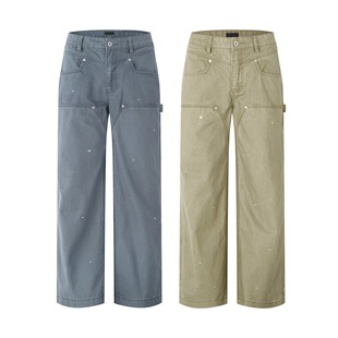 夏 伐工裤 ICE UP法工蓝洗褪做旧拼接直筒A字型宽松微阔腿休闲工装