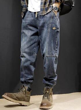 香港潮牌春秋重工水洗拼接牛仔裤男ins潮流宽松冬季休闲束脚裤子