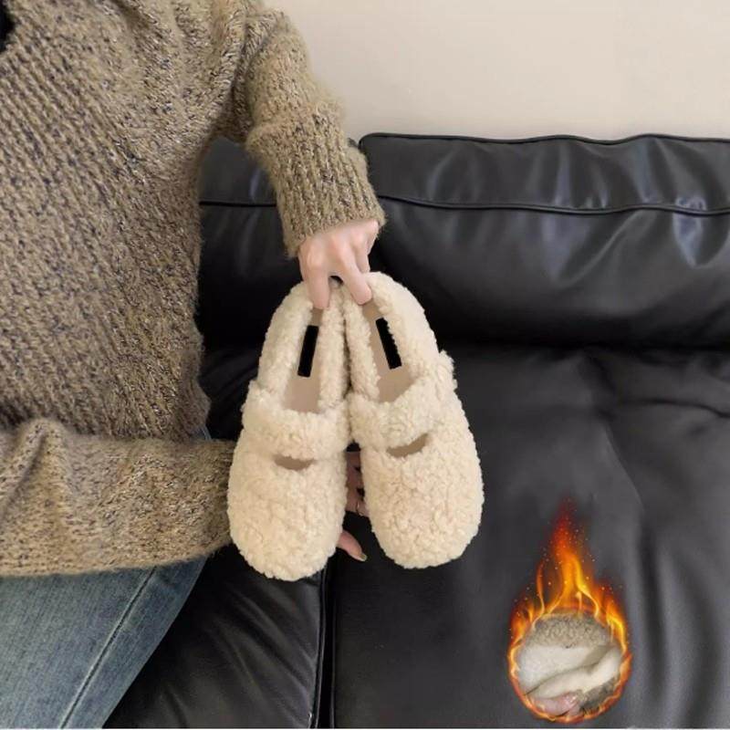 潮牌奶白色加绒玛丽珍毛毛鞋女2025冬新款羊羔毛平底保暖豆豆棉鞋,女鞋,浅口单鞋,淘宝优惠券,粉丝福利购,淘宝优惠卷