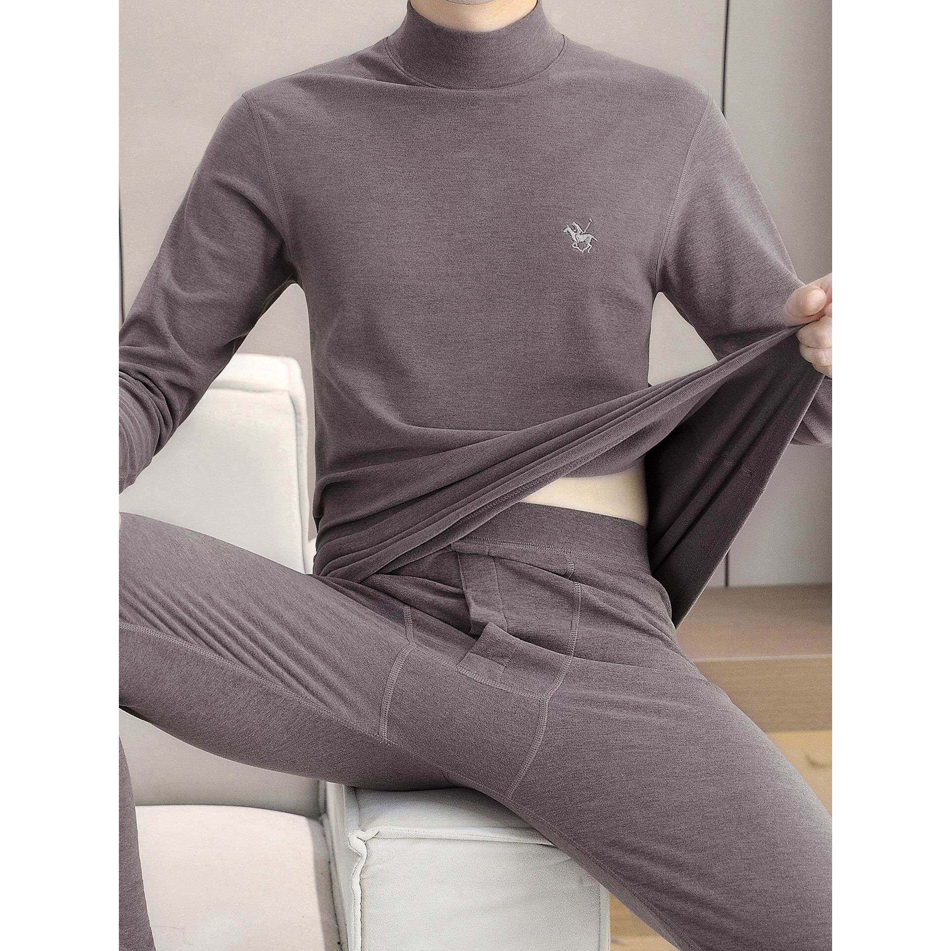 MAROLIO~高档半高领德绒保暖内衣男秋冬加厚加绒打底秋衣秋裤套装