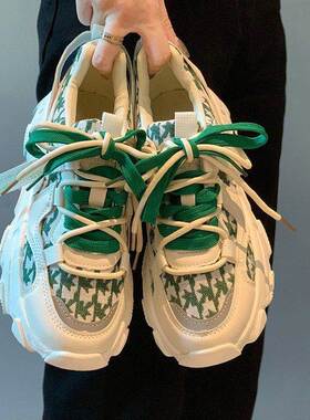 潮牌真皮运动鞋女2024春秋新款增高厚底休闲老爹鞋拼色复古跑步鞋