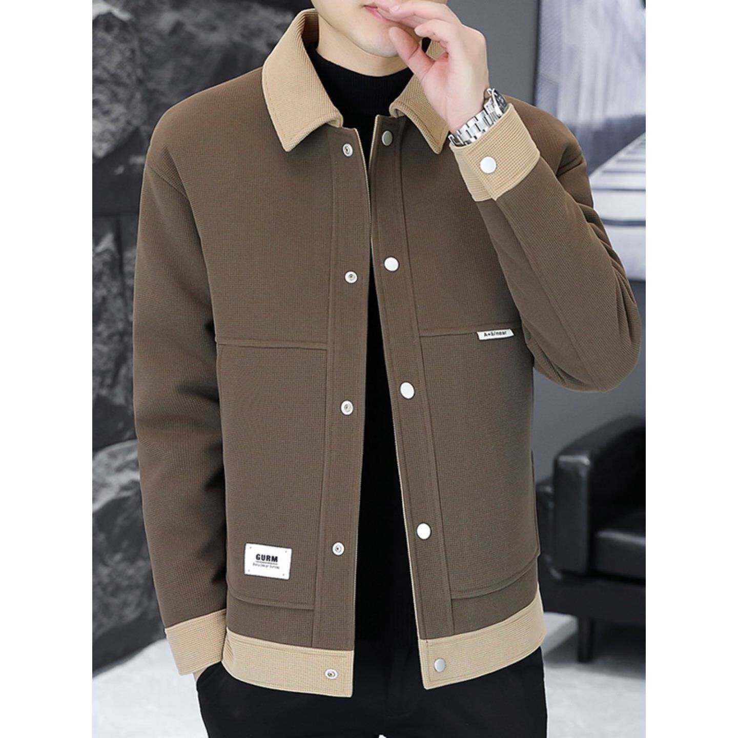 高端呢子休闲外套男秋冬季新款翻领短款男士修身加棉拼色时尚夹克