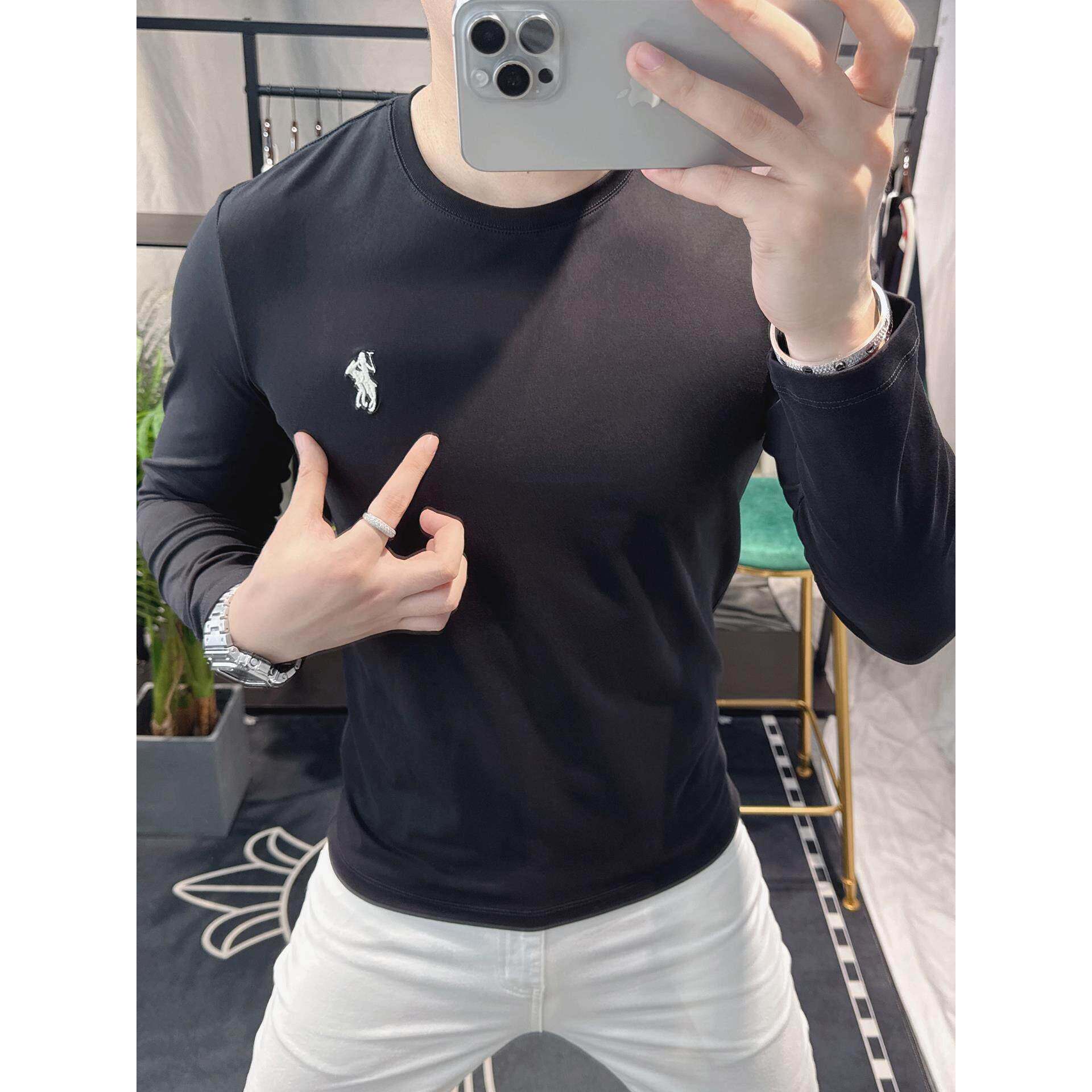 欧洲站潮牌刺绣长袖t恤男秋冬季薄款高端潮流帅气修身内搭打底衫