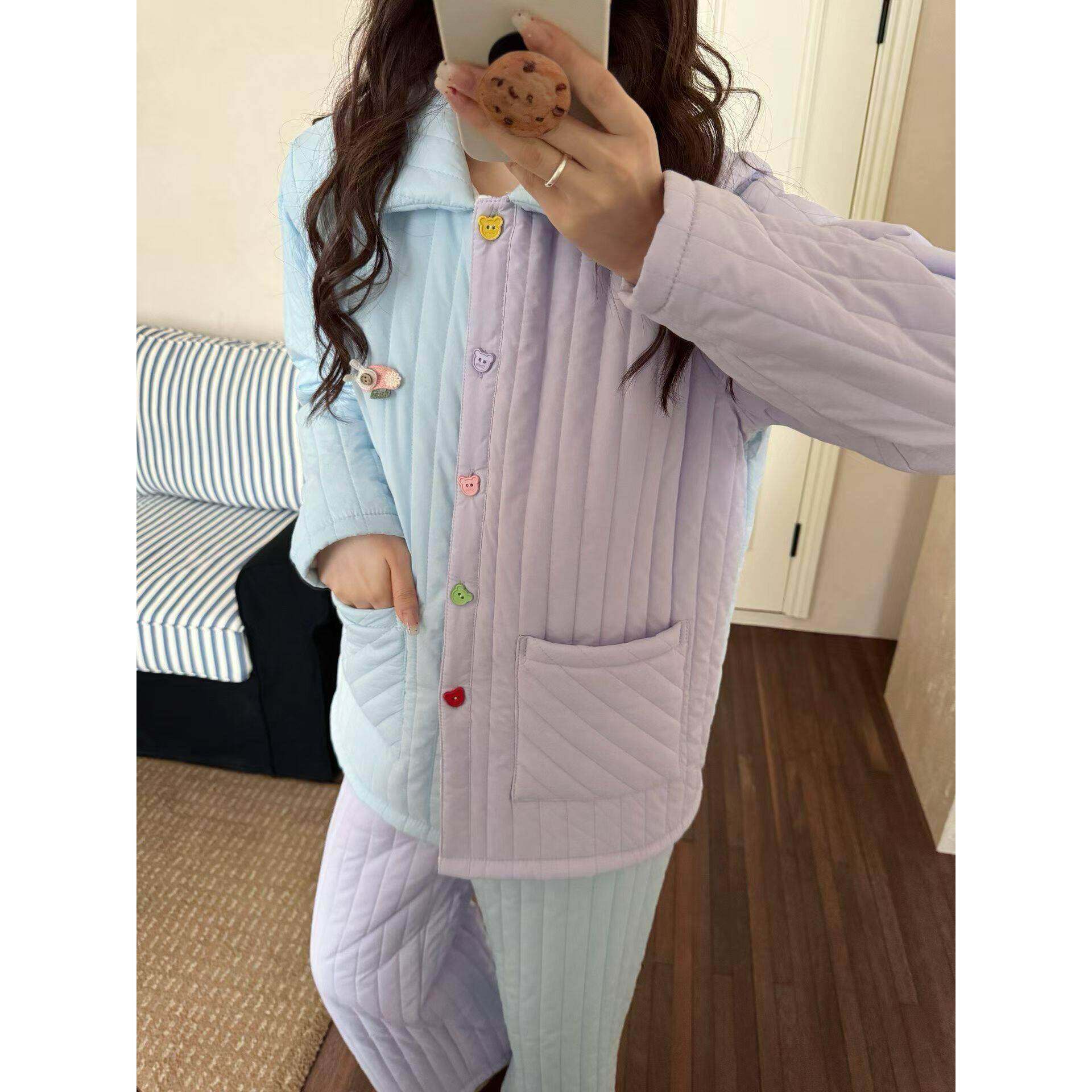 韩版小个子甜美撞色三层夹棉睡衣女冬季巨好看外穿加绒加厚家居服