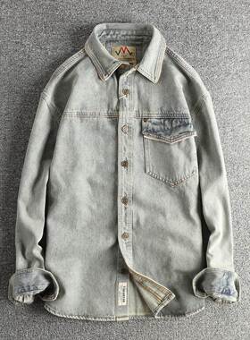 香港潮牌拼接设计咔叽覆古牛仔衬衫男 水洗做旧秋冬潮流衬衣外套