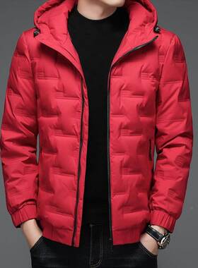 红色轻薄羽绒服男士冬季新款连帽短款本命年修身夹克保暖男款外套