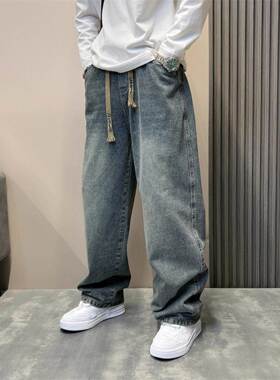 GM新潮 直筒垂感牛仔裤男士秋冬加绒高个子裤子痞帅阔腿高街长裤