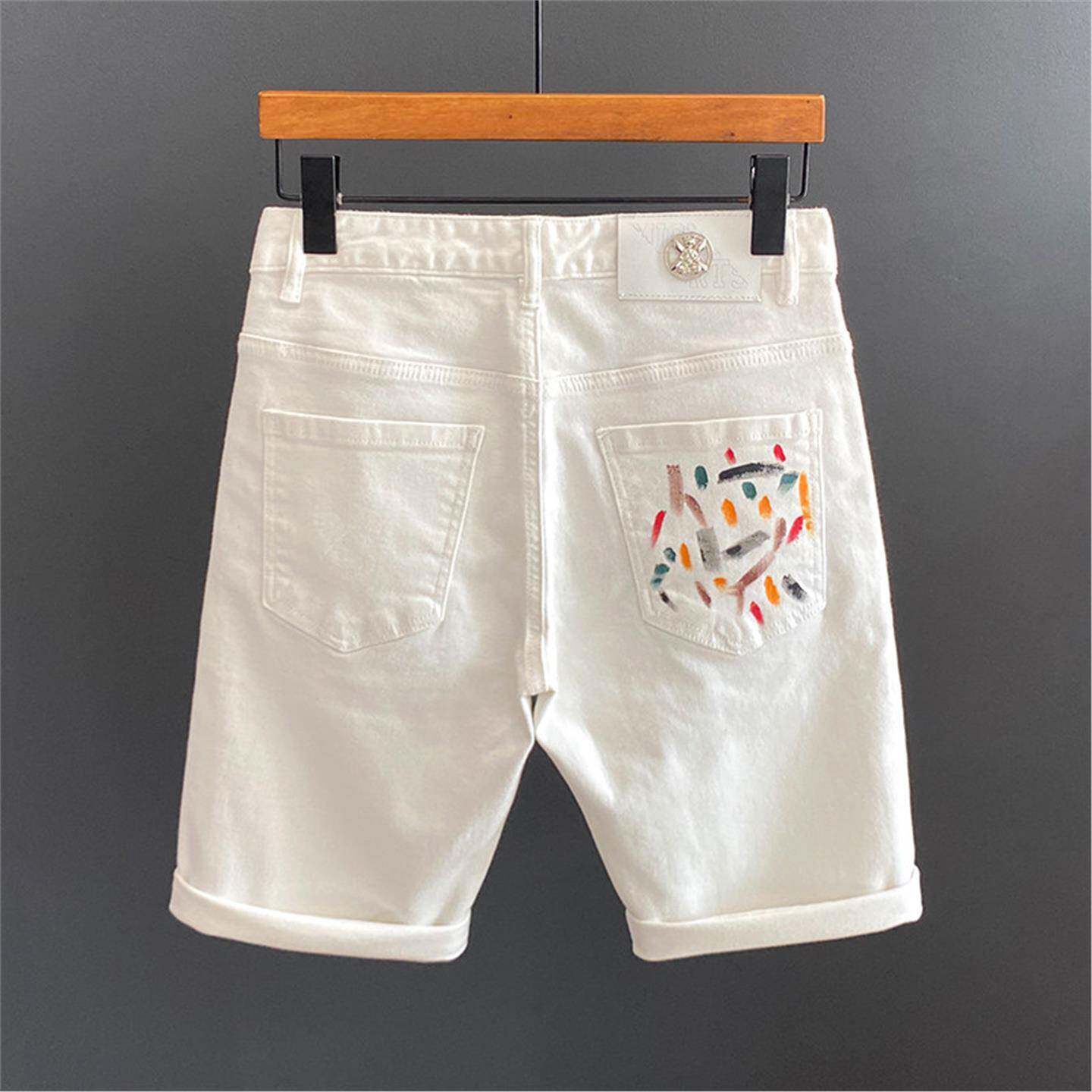 夏季韩版轻奢白色牛仔短裤男潮牌修身百搭弹力涂鸦印花时尚五分裤