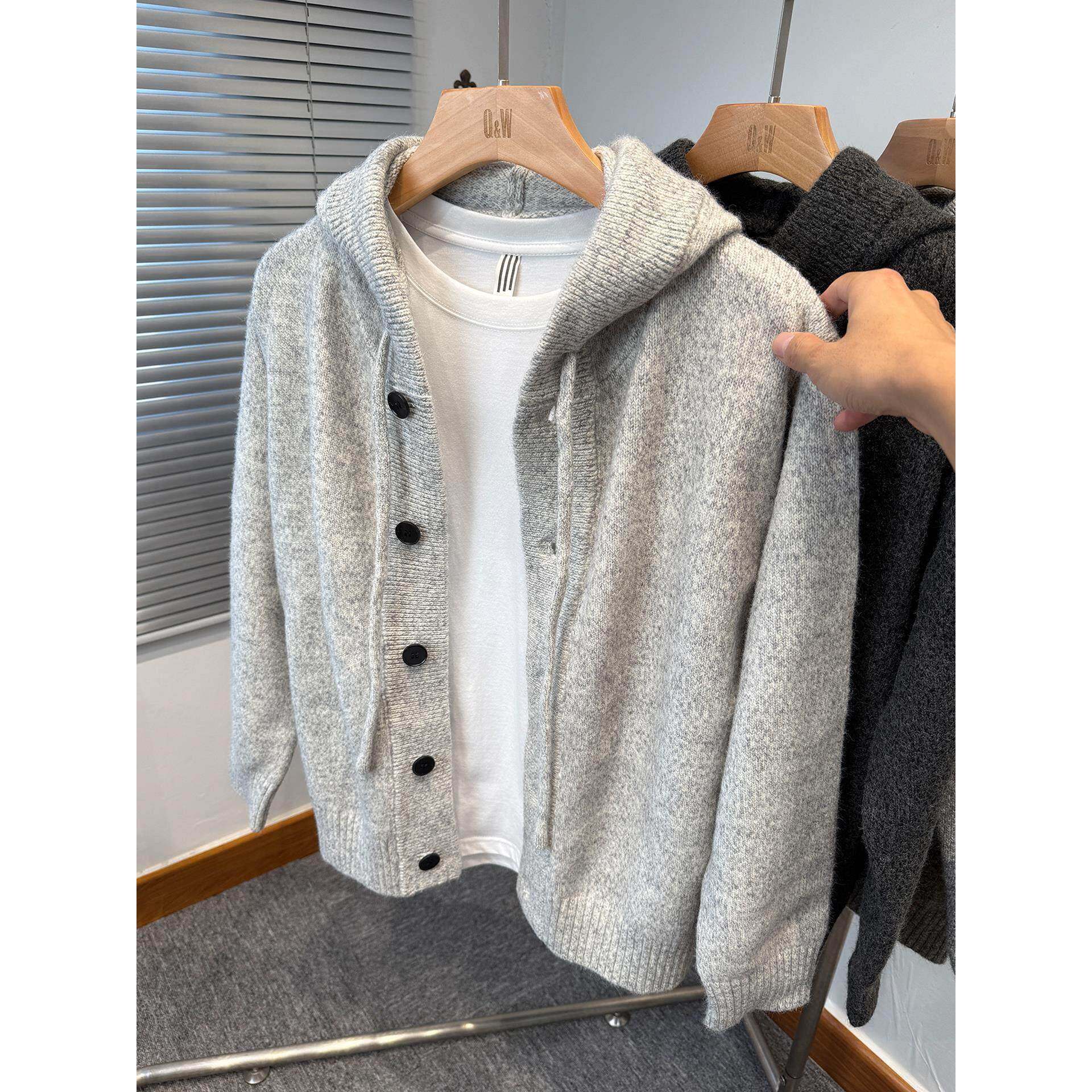 连帽开衫针织衫男休闲宽松秋冬季毛衣外套男款加厚外搭单排扣卫衣