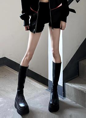 港风轻奢新款~黑色厚底长筒靴女秋冬季加绒弹力不过膝高筒骑士靴