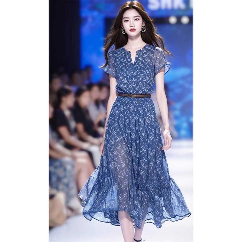 FAshi 法式端庄大气温柔风碎花长裙子绝美N显瘦蓝色雪纺连衣裙女