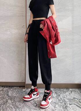 韩国运动裤女春秋宽松休闲卫裤2025新款冬加绒黑色高腰束脚哈伦裤