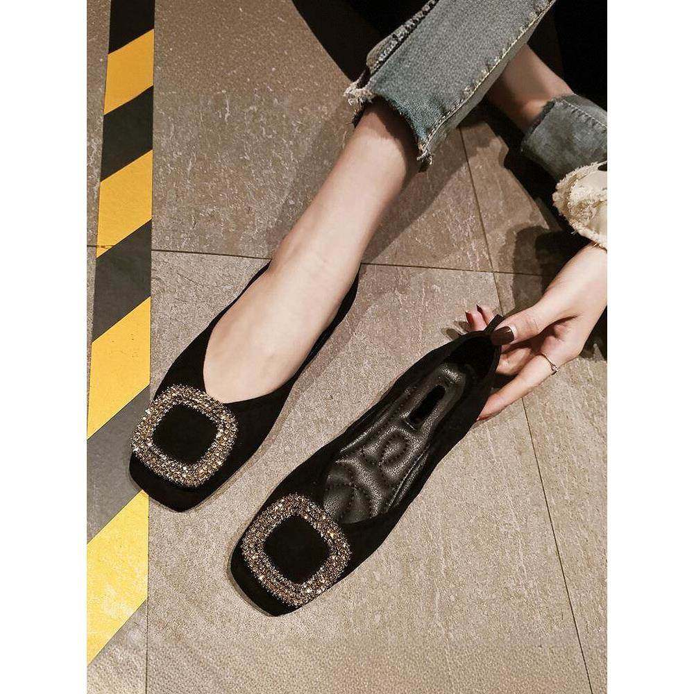 港风轻奢新款~黑色平底单鞋女春秋真皮软皮浅口方头一脚蹬豆豆鞋,女鞋,雨鞋,淘宝优惠券,粉丝福利购,淘宝优惠卷