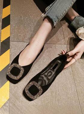 港风轻奢新款~黑色平底单鞋女春秋真皮软皮浅口方头一脚蹬豆豆鞋