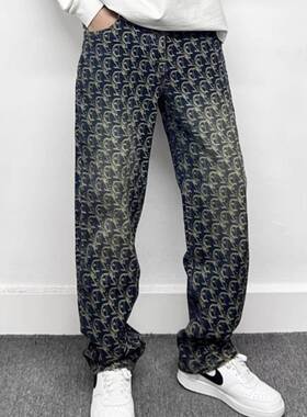 Mostarsea~美式高街覆古牛仔裤刺绣痞帅直筒裤轻奢提花高级感男裤