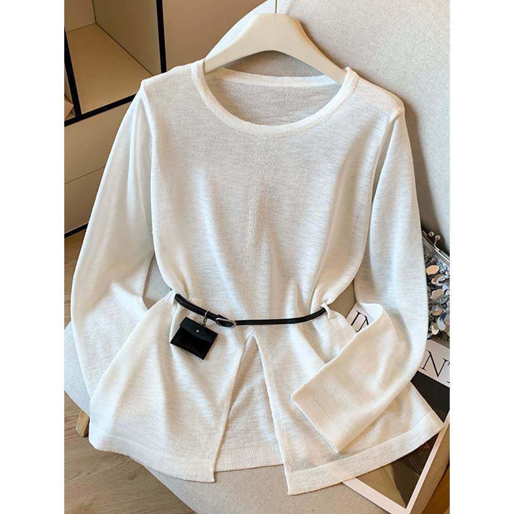 高档轻奢配腰带开叉天丝亚麻长袖上衣女士秋季新款百搭防晒针织衫,女装/女士精品,毛针织衫,淘宝优惠券,粉丝福利购,淘宝优惠卷