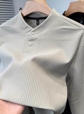 Mostarsea~时尚桃领华夫格卫衣男秋冬季新款休闲长袖纯色内搭体恤