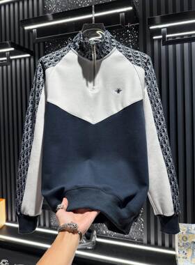 Mostarsea~高端拼接半拉炼卫衣男士秋季新款套头上衣潮牌立领外套