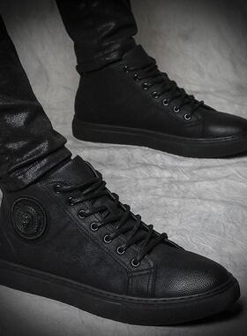 香港潮牌2024秋冬新款黑色加绒高帮英伦休闲男鞋百搭真皮磨砂皮鞋