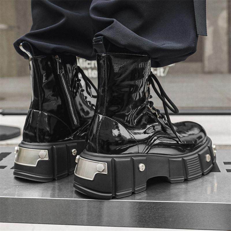 巴黎厚底马丁靴男秋冬季漆皮朋克拉炼机车靴英伦大头软皮切尔西靴