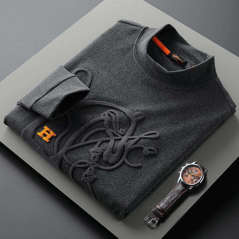 秋冬季发热打底衫男款休闲修身潮流刺绣半高领内搭长袖t恤上衣