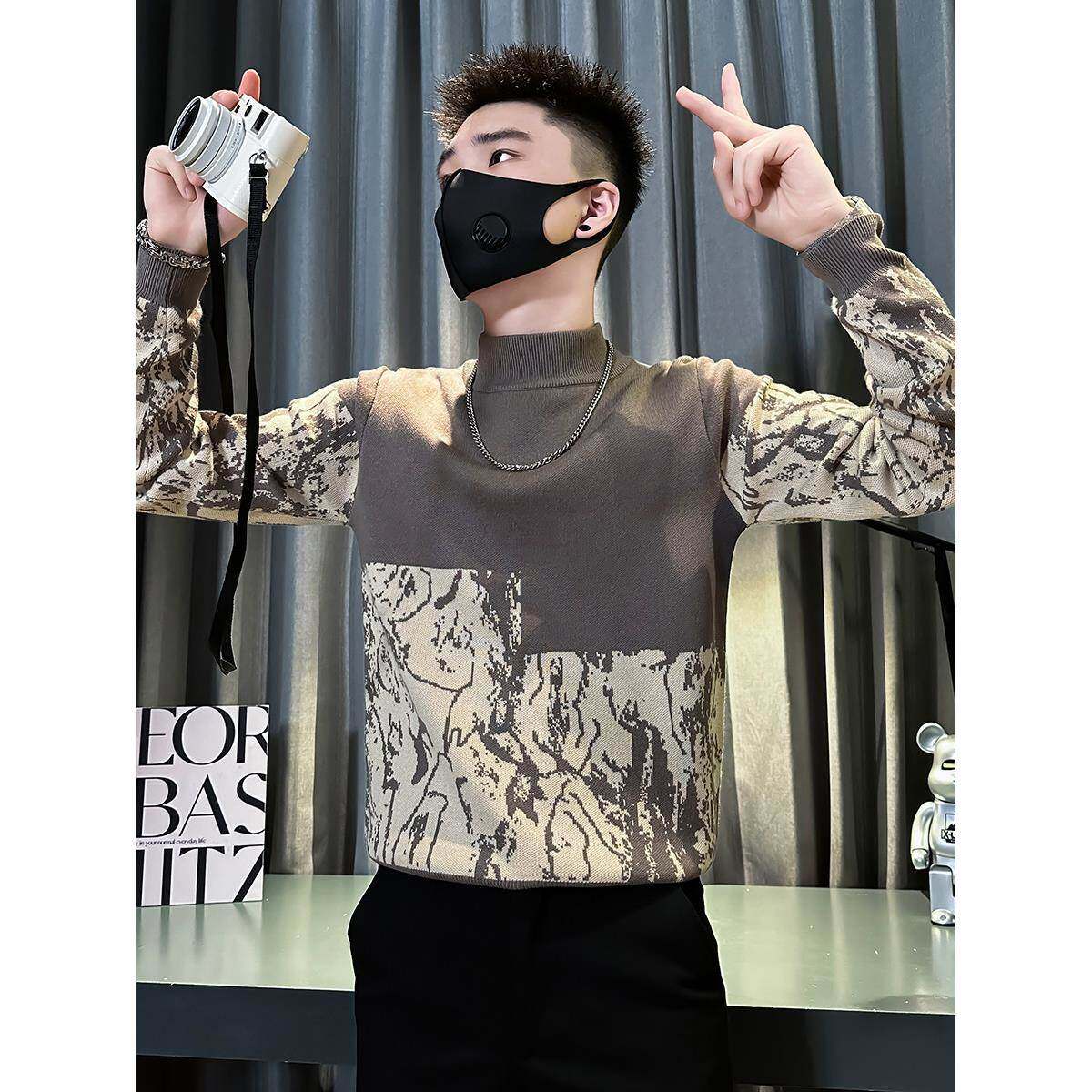 秋冬季拼接半高领毛衣男高级感内搭针织衫2025新款痞帅修身打底衫