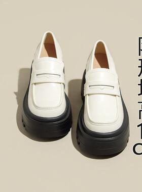 真皮白色英伦风小皮鞋女春季新款内增高一脚蹬松糕厚底乐福单鞋
