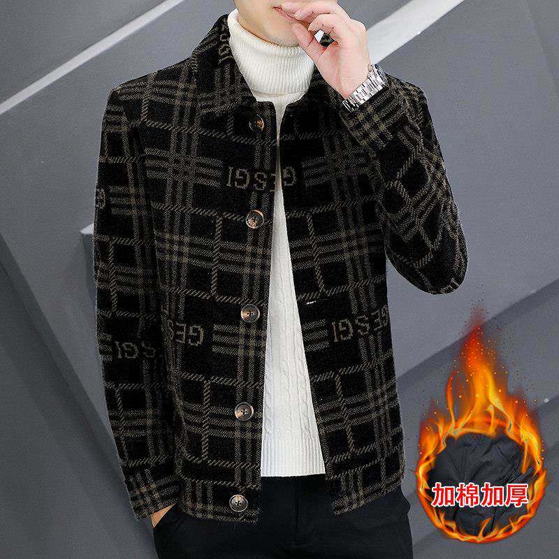 毛呢夹克外套男秋冬季修身潮流男士加棉加厚短款保暖格子呢子大衣