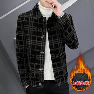 毛呢夹克外套男秋冬季修身潮流男士加棉加厚短款保暖格子呢子大衣