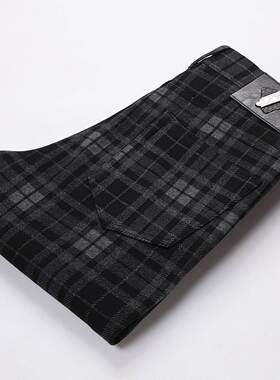 2025新款冬季灰色休闲裤男修身弹力小脚直筒英伦格子商务长裤高端