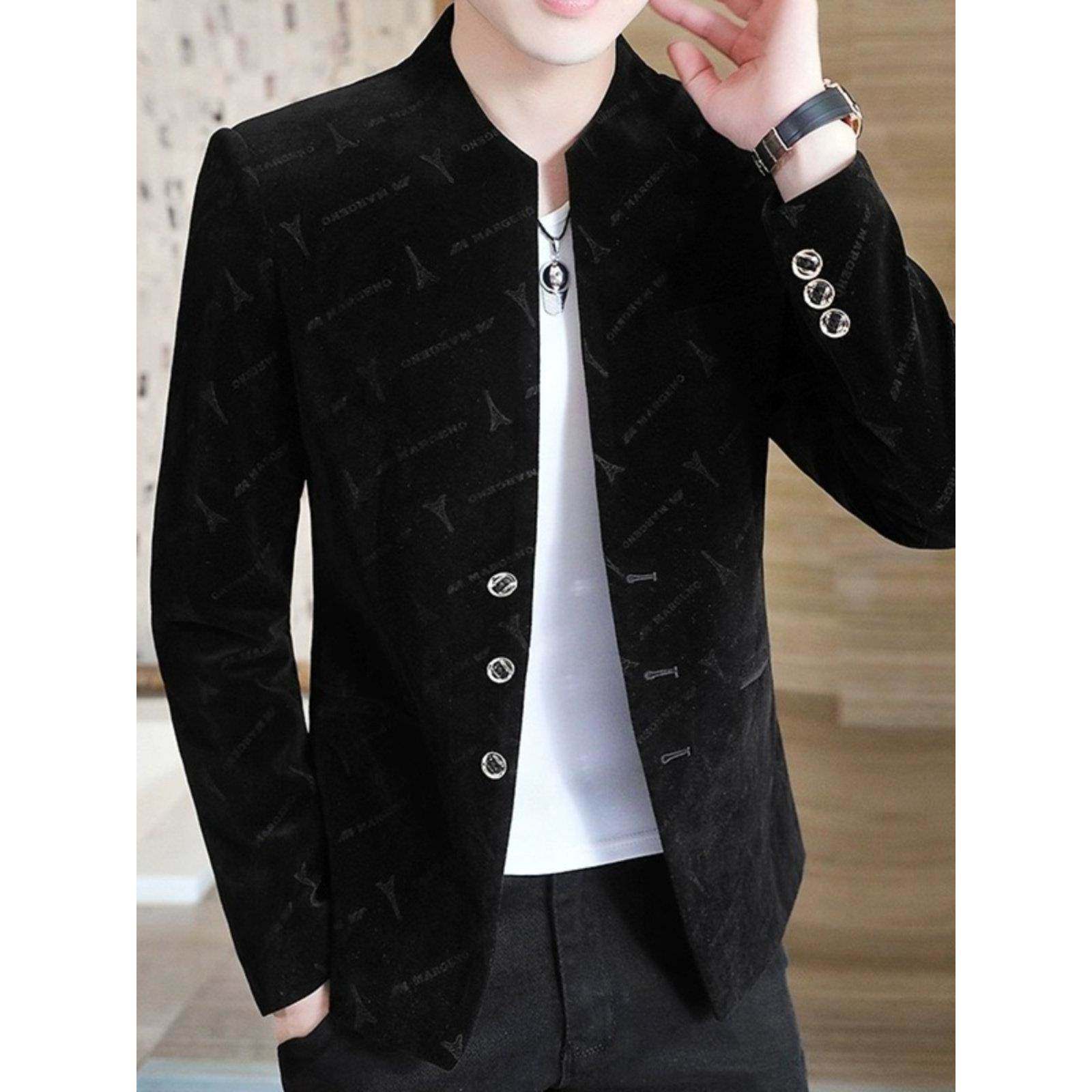 潮牌立领外套男士潮流韩版修身加绒小西装夹克青年休闲西服上衣男