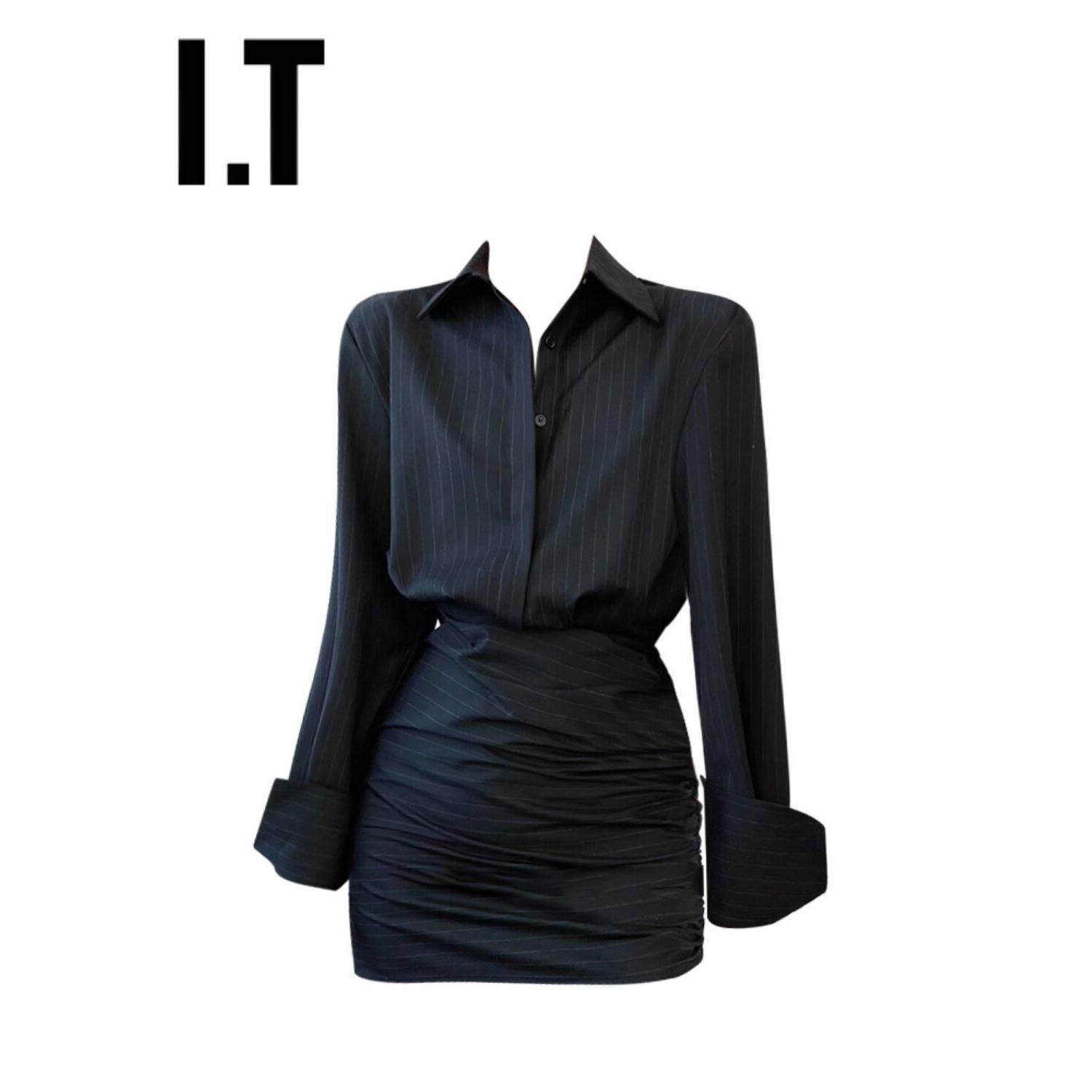 新品香港春秋覆古Polo领条纹长袖衬衫连衣裙女士收腰显瘦包臀短裙