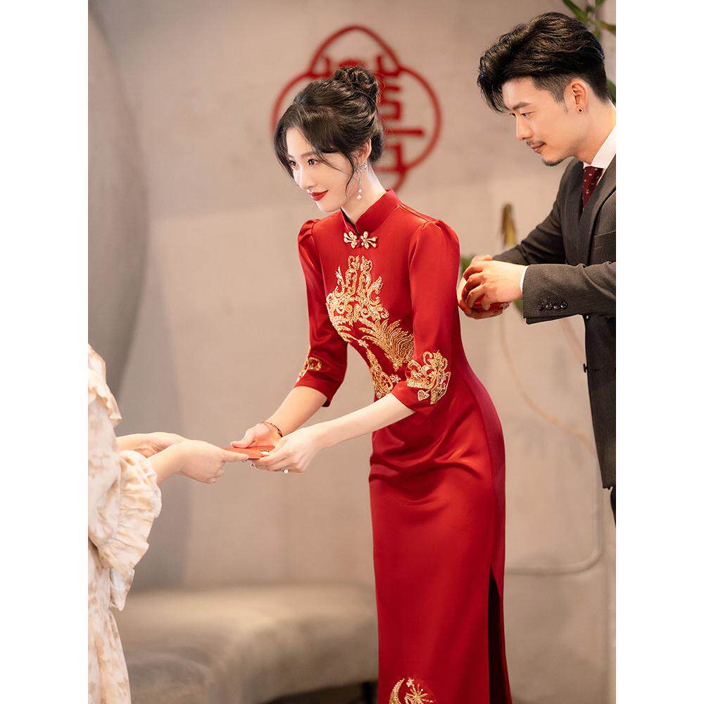 中式覆古立领旗袍裙冬春季新款古典女装高级感敬酒服修身显瘦礼服