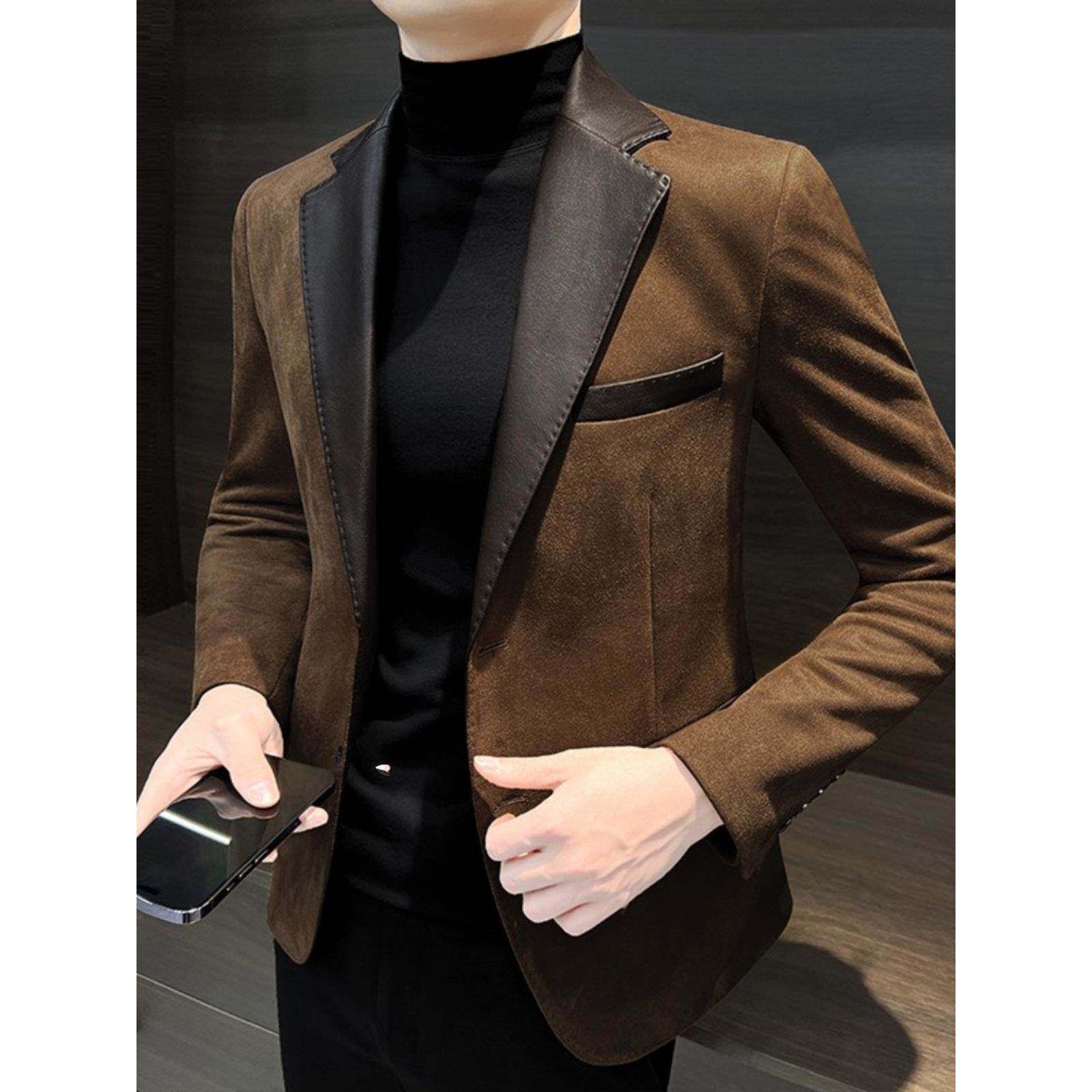 高端修身商务男士皮衣西服秋冬季休闲西装2025新款高级感通勤外套,男装,休闲西服,淘宝优惠券,粉丝福利购,淘宝优惠卷