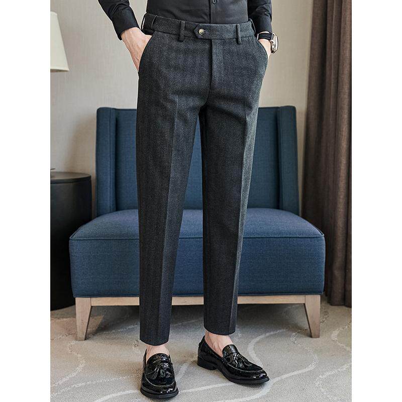 高端轻奢弹力松紧腰西裤男士冬季2025新款商务条纹毛呢西装裤子