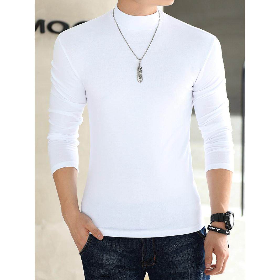 半高领打底衫男士纯棉t恤纯色修身简约休闲中领长袖内搭厚款上衣