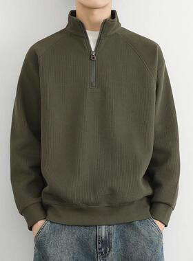 MAROLIO~高端重磅美式半拉炼卫衣男秋冬加绒加厚男士休闲立领外套