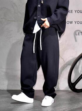 GM新潮 潮牌直筒针织卫裤男士秋冬加绒加厚简约宽松垂坠感弯刀裤