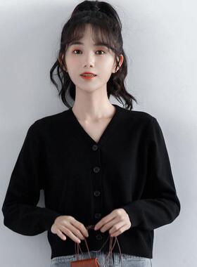 韩国针织开衫外套女长袖2025春季新款黑色v领薄毛衣百搭短款上衣