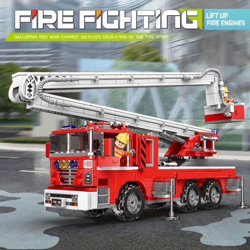 消防车积木城市系列云梯升降举高车益智拼装玩具男孩子工程车礼物