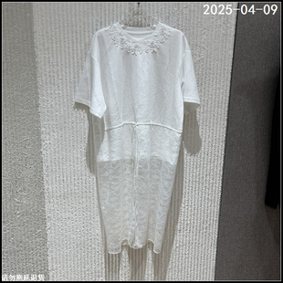 T恤女60536 欧洲站2025夏季 新款 M.six钉珠花纹圆领拼蕾丝时尚 短袖