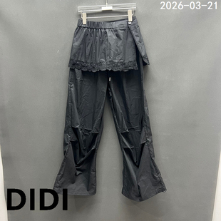 高腰假两件屁帘蕾丝拼接阔腿休闲裤 时尚 女0603 新款 欧洲站2026春季