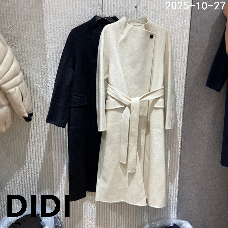 欧洲站2025冬季新款侧系扣系带收腰中长款绵羊毛山羊绒大衣女外套
