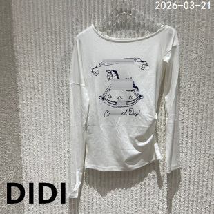 T恤女褶皱收腰显瘦上衣70358 OVER圆领印图长袖 欧洲站2026春季 新款