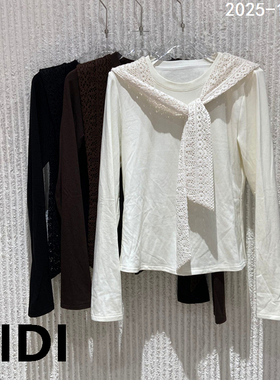 欧洲站2025冬季新款圆领蕾丝披肩磨毛长袖T恤女时尚显瘦上衣13936