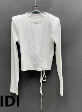 欧洲站2026春季新款长袖T恤女圆领后背镂空系带收腰百搭上衣6028