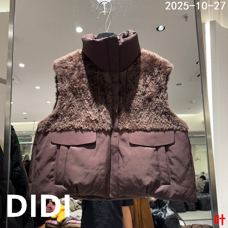 欧洲站2025冬季新款毛绒拼接立领拉链鹅绒服马甲女保暖背心25012