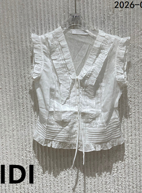 欧洲站2026夏季新款木耳边系带无袖衬衫女甜美风V领小衫背心12175