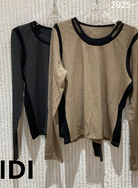 欧洲站2025冬季新款设计感圆领拼色长袖T恤女时尚显瘦上衣05604