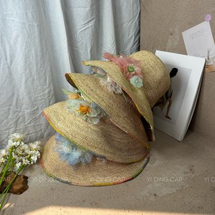 夏季新款花朵手工钩针拉菲草花边渔夫帽女这样防晒显脸小草帽盆帽